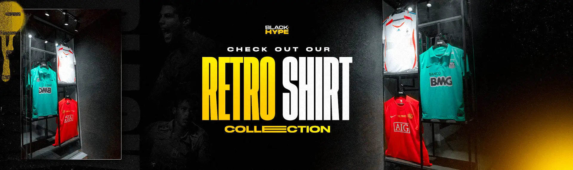 Retro-style soccer jerseys in vibrant teal and red, displayed on hangers within glass display cases.