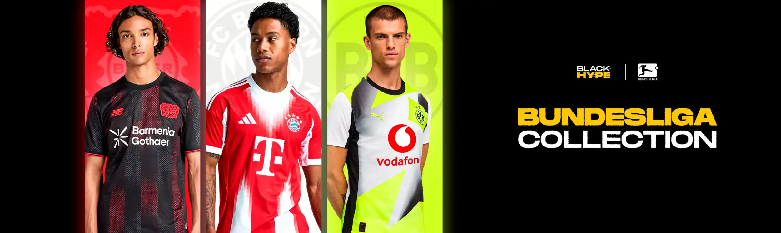 Three football players model the bundesliga collection jerseys, featuring distinct team designs and sponsor logos.