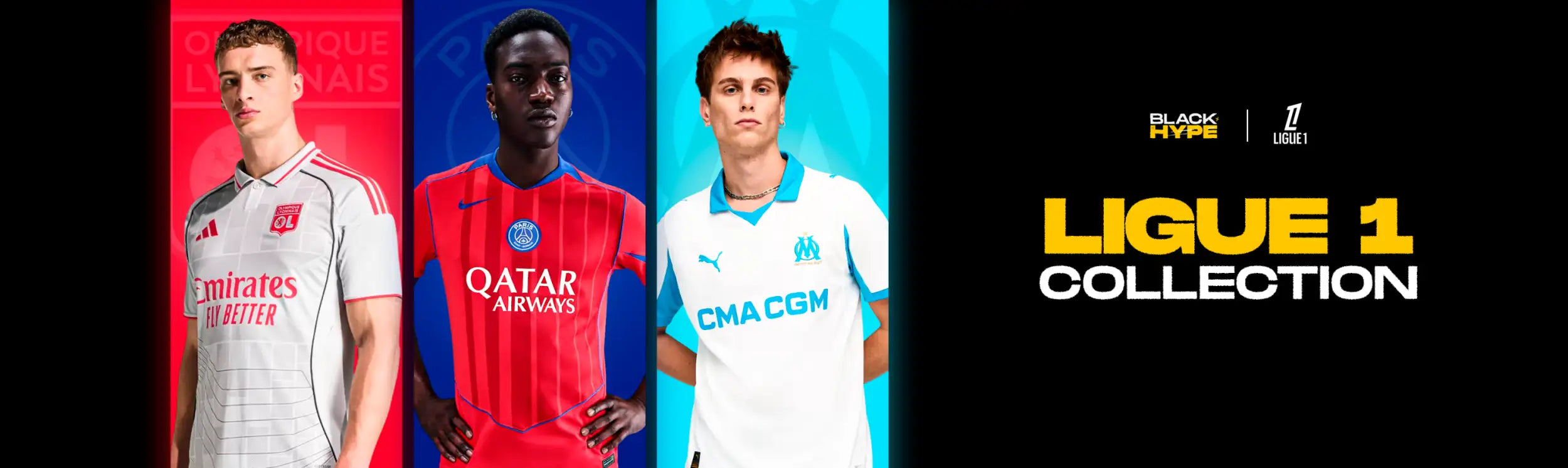 Three football players model the ligue 1 collection jerseys from black hype, featuring distinct team colors and sponsor logos.