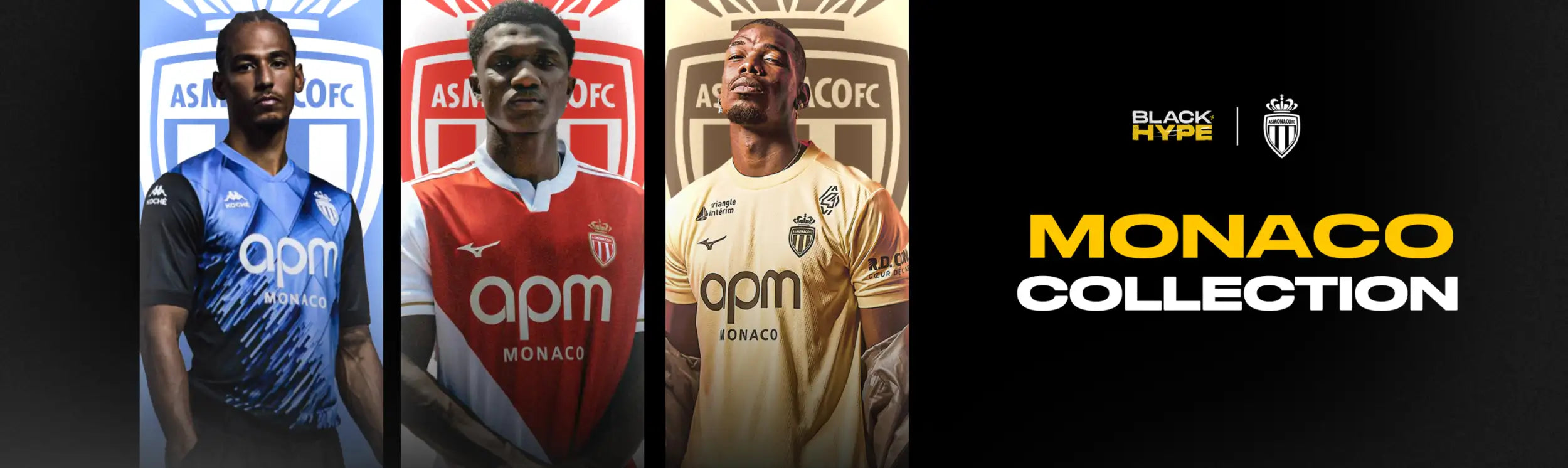 Three football players model the monaco collection jerseys in blue, red, and gold with ’apm monaco’ branding.