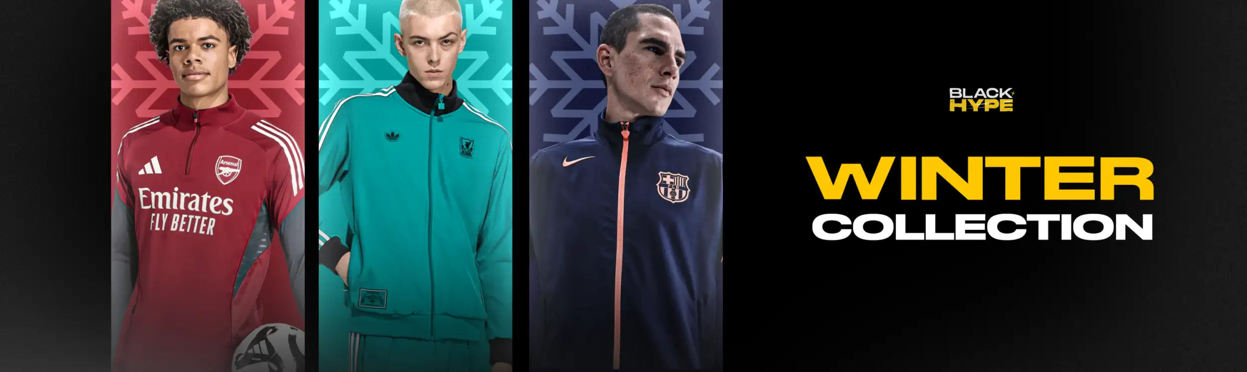 Three football players model winter-themed tracksuits from the black hype winter collection, featuring team logos and sponsor branding.