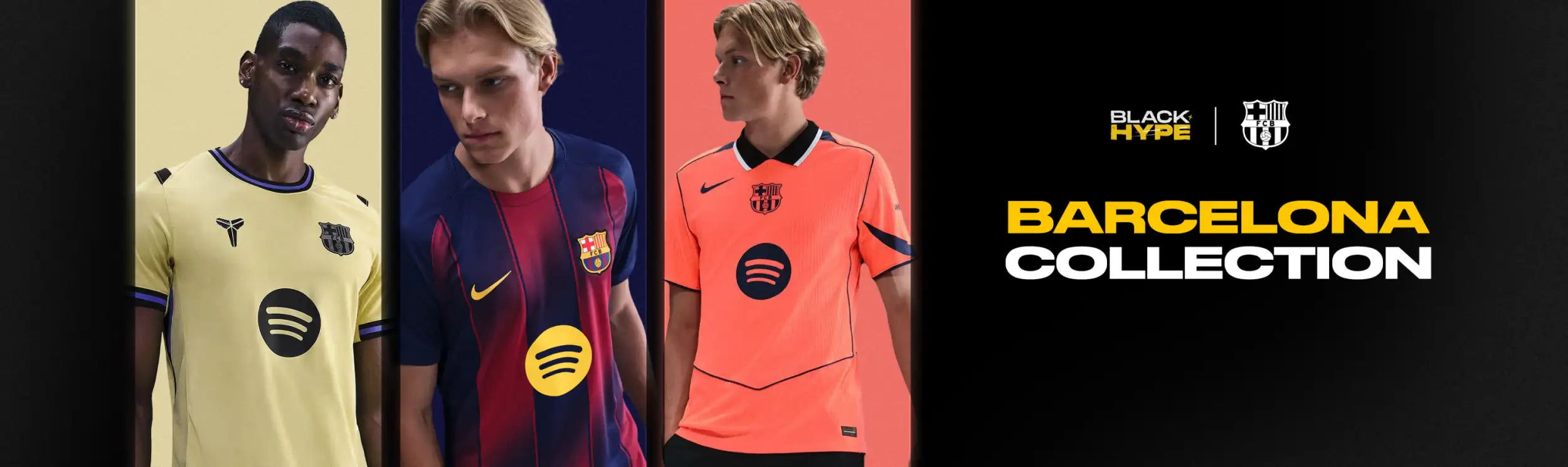 Three soccer jerseys from the barcelona hype collection, featuring yellow, navy blue and orange colors with matching team logos.