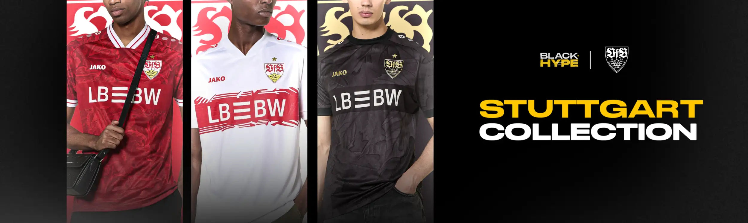 Three soccer jerseys from the stuttgart collection by jako, featuring red, white, and black designs with ’lb=bw’ branding across the chest.