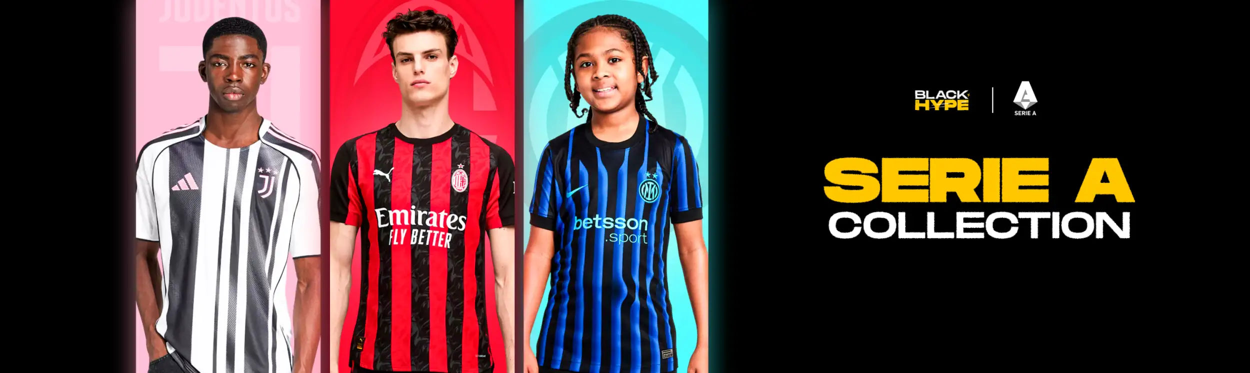 Three soccer players model the serie a collection jerseys — one in black and white stripes, another in red and black vertical stripes with an emirates sponsor logo, and a third in blue and black vertical stripes.