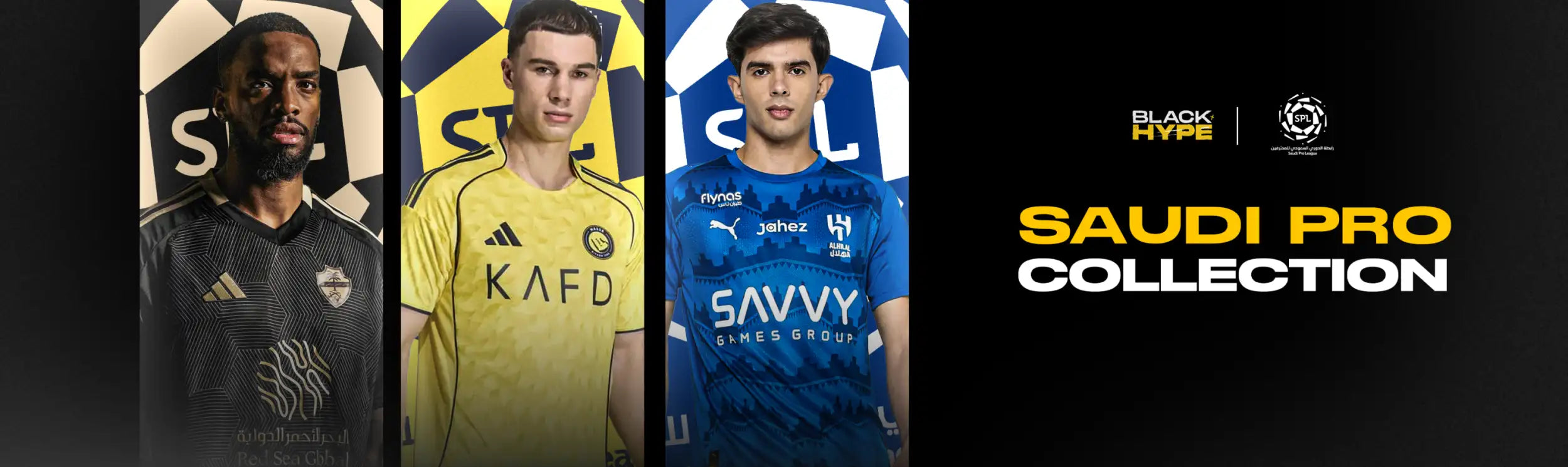 Three soccer players modeling the saudi pro collection jerseys — one in black with white patterns, another in bright yellow featuring ’kaff’ and adidas branding, and a third in royal blue displaying “savvy games group” alongside puma logos.