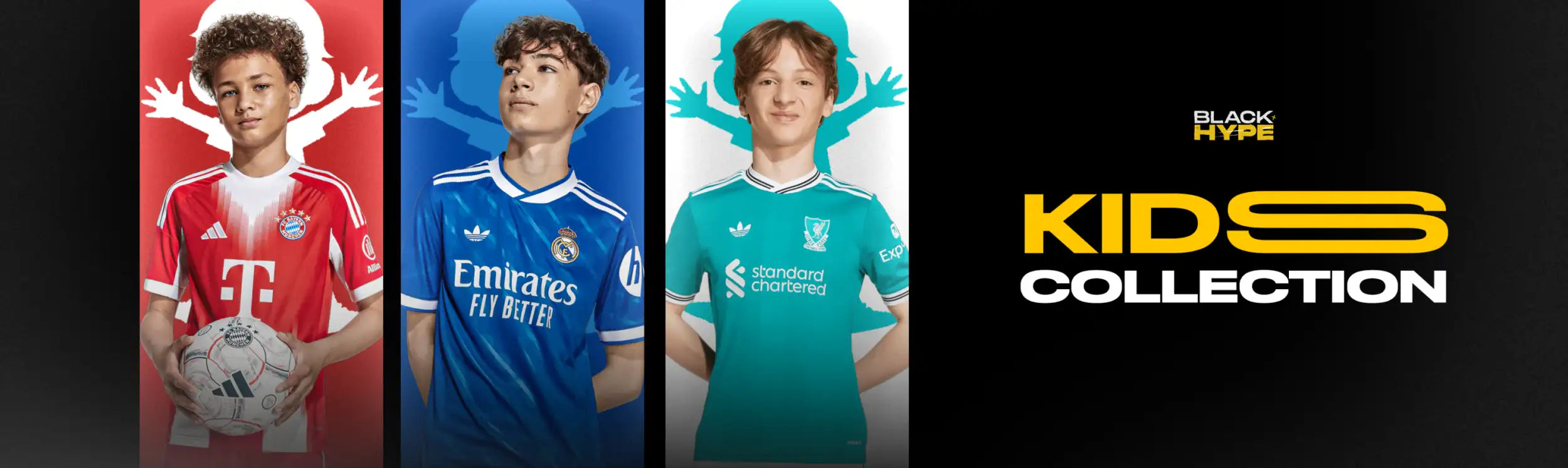 Three young soccer players modeling the black hype kids collection jerseys in red, blue, and teal.