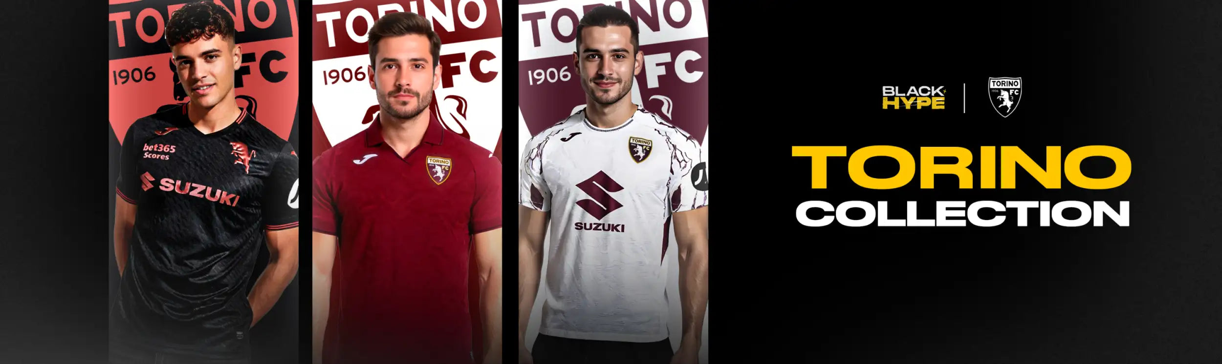 The torino fc soccer jerseys in black, red, and white feature the suzuki logo and are part of the black hype collection.