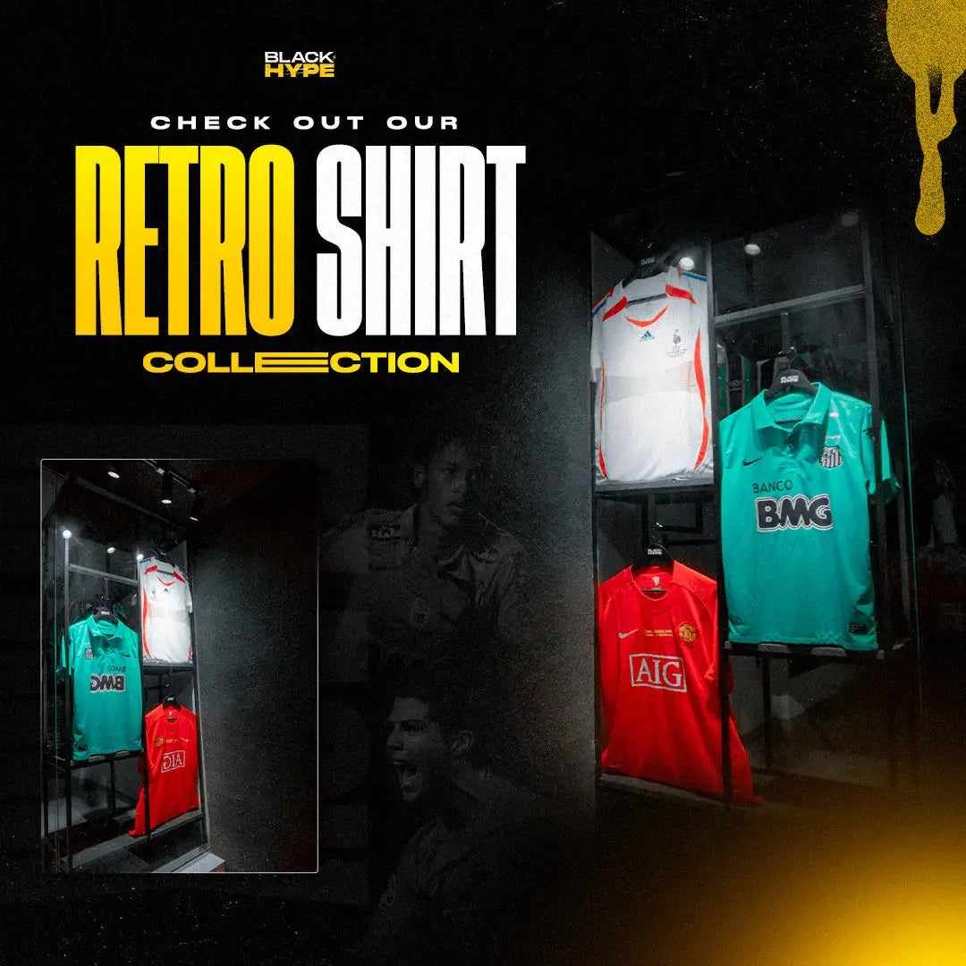 Vintage-style soccer jerseys in white, teal, and red with prominent sponsor logos displayed on hangers.