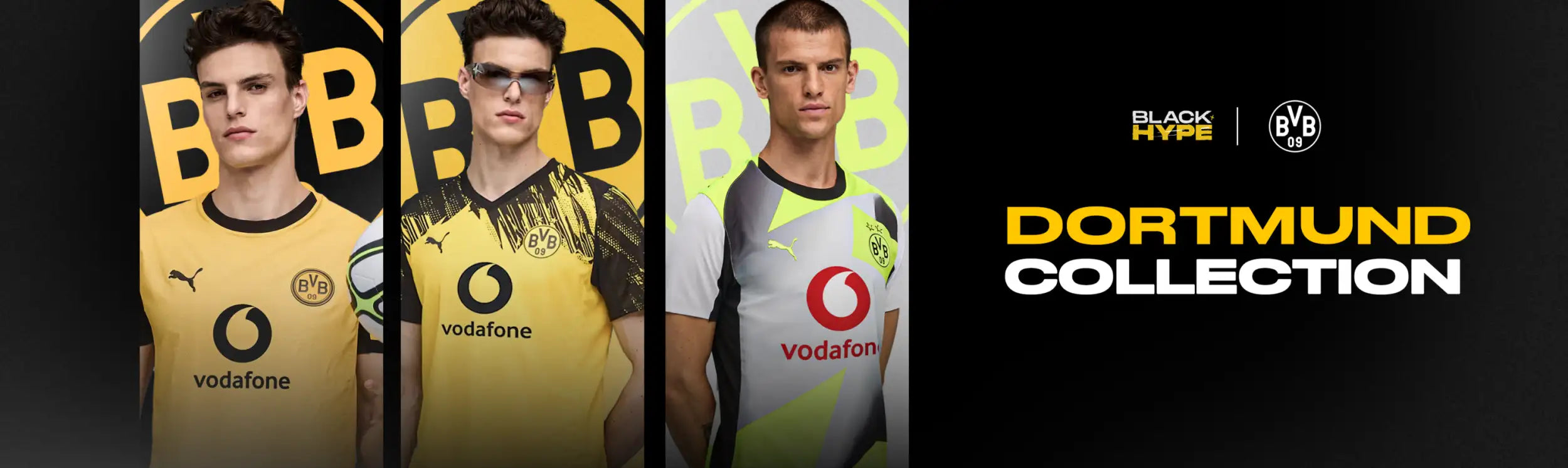 Yellow and black football jerseys featuring the vodafone logo, puma branding, and borussia dortmund team crest.